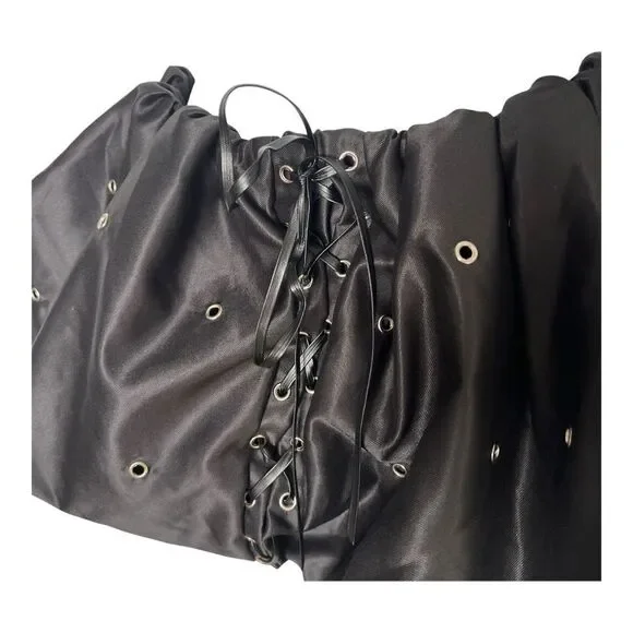 Black Satin Bubble Mini Skirt with Lace-Up Detail Size S - Picture 4 of 8